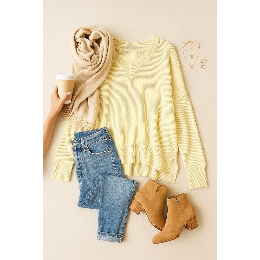 Natural Reflections Sweater | Butter Yellow Ribbed Knit Oversized Pullover | M - Picture 12 of 12